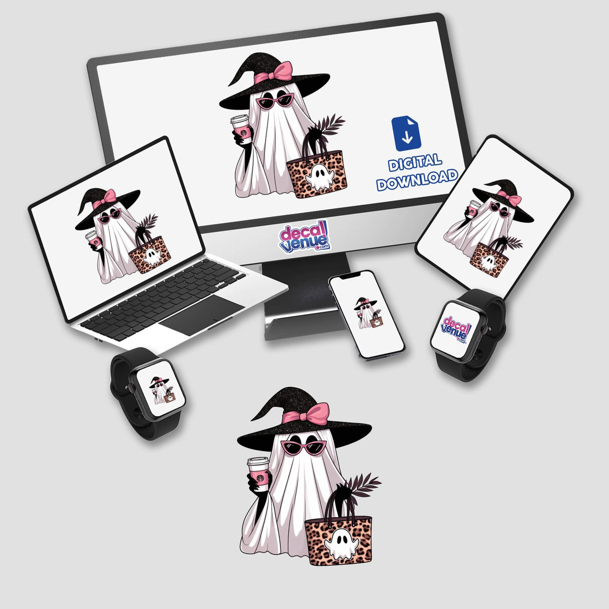 Boujee Ghost Leopard Tote and Coffee design on a laptop screen, featuring a cartoon ghost holding a coffee cup and bag, available as stickers or digital artwork from Decal Venue.