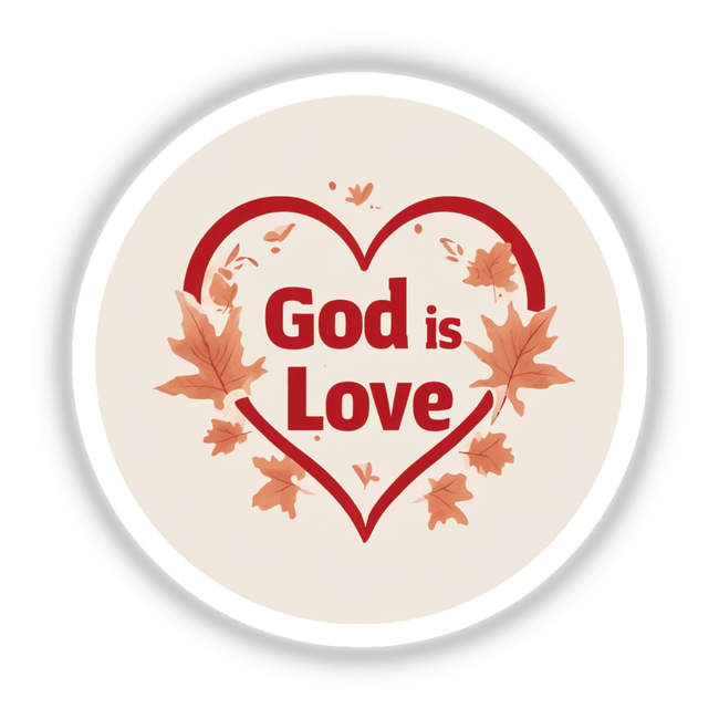 God is Love Sticker & Clipart | 1 John 4:8 | Christian Quote | Bible Verse featuring a heart encircled by leaves with a stylized logo design. Available as Stickers or Digital Artwork.