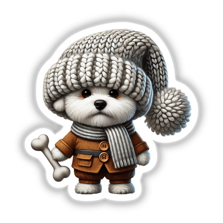 Adorable Bichon Frise Gnome Holding Bone in Cozy Winter Outfit