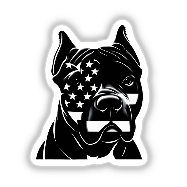 American Flag Tattoo Face Pitbull Dog in black and white, available as stickers or digital artwork.