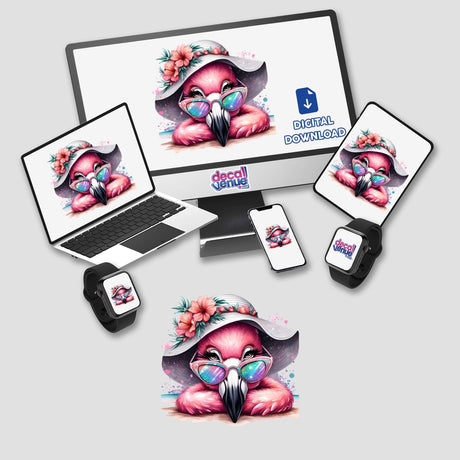 Beach Flamingo Getting her Tan On sticker or digital artwork featuring a cartoon flamingo with sunglasses and a hat, displayed on a computer monitor, laptop, and smartwatch. Perfect for unique vinyl sticker enthusiasts.