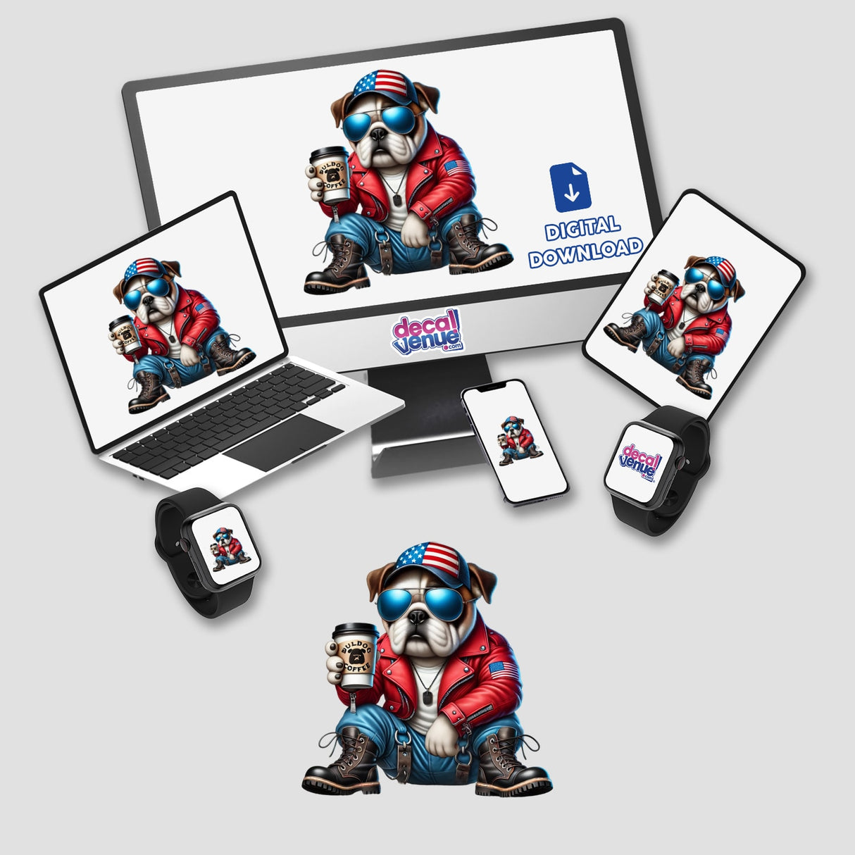Patriotic Bulldog Dog with Coffee: A computer monitor and laptop display a cartoon dog in a red jacket, blue jeans, and sunglasses, holding a coffee cup. Available as stickers or digital artwork.