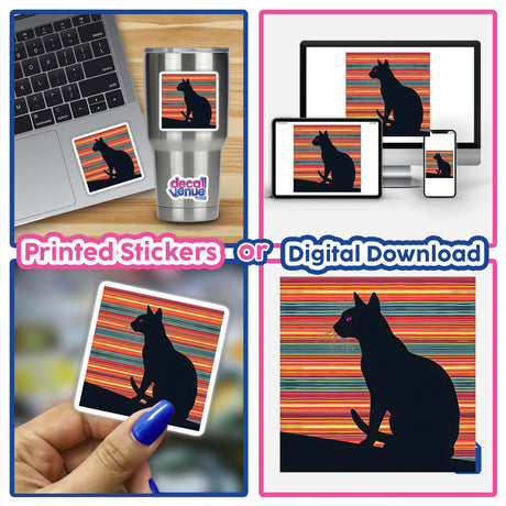 Cat Silhouette with Vibrant Stripes, featuring a collage of a black cat sitting on a laptop, close-up hand, and various cat silhouettes. Available as stickers or digital artwork.