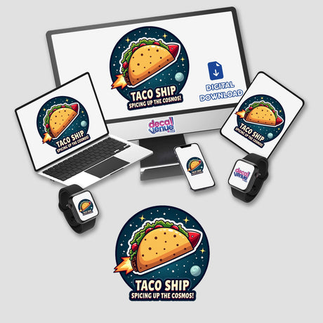 a laptop, phone, and other electronic devices with a taco ship sticker