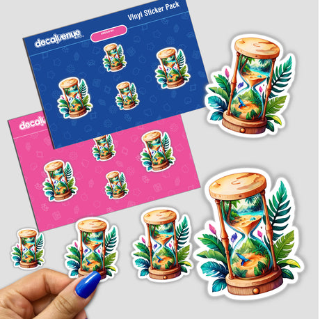 Tropical Hourglass Sticker featuring a sand-filled hourglass with tropical leaves. Available as a sticker or digital artwork, perfect for adding unique flair to your collection.