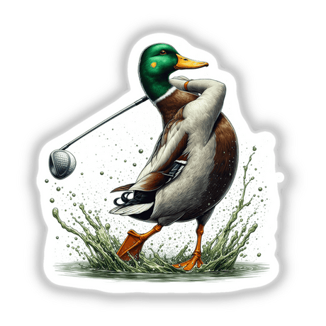 Mallard Duck Golfer Splash: A cartoon mallard duck holding a golf club, available as unique stickers or digital artwork from Decal Venue.