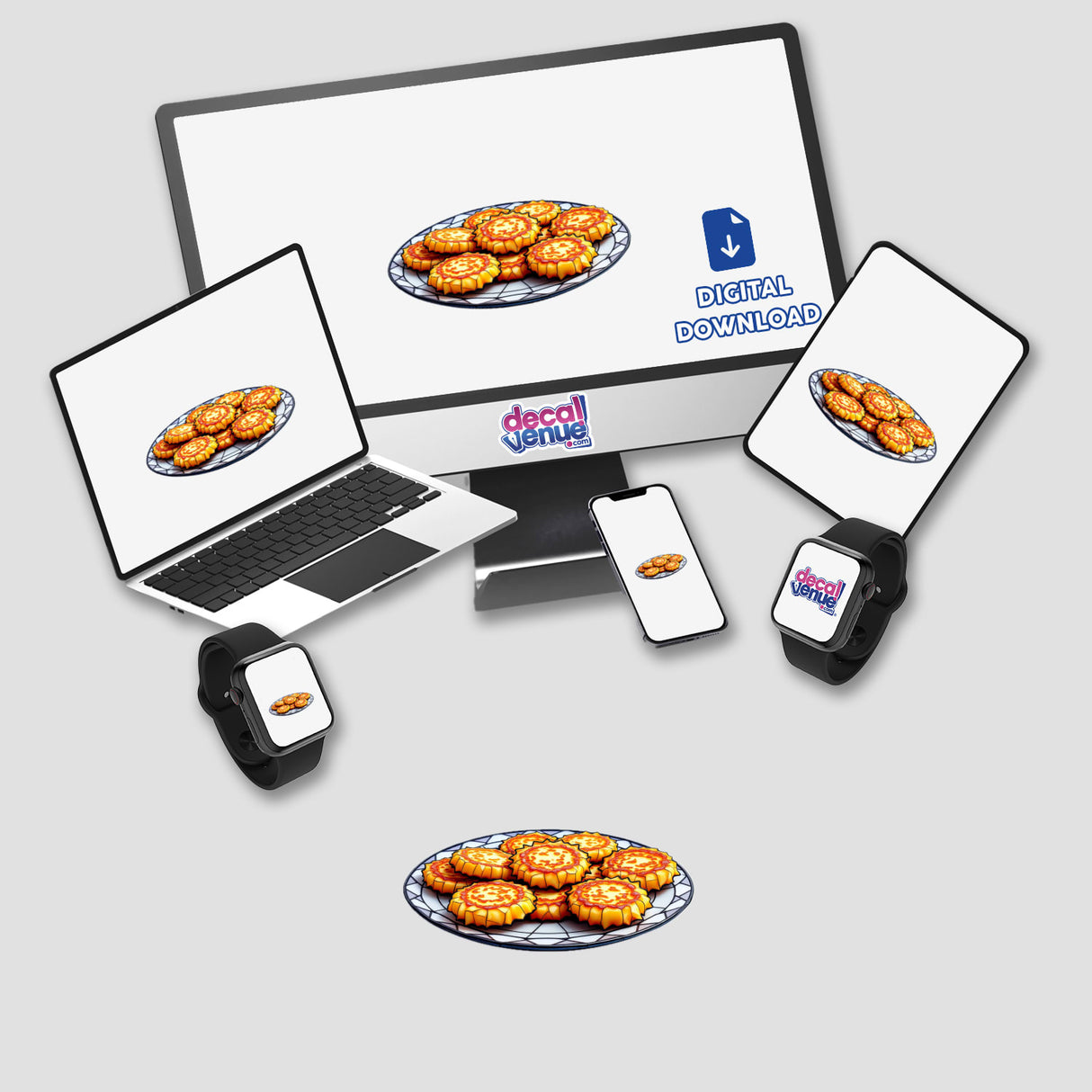 Latke Platter Stained Glass Style: A digital artwork featuring a computer monitor and laptop displaying a latke platter design, surrounded by cookies, available as stickers or digital art.