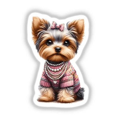 Watercolor Sweater and Pearls Yorkie Dog