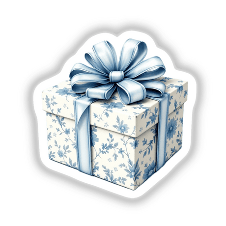 Chinoiserie Gift Box with an elegant blue bow, available as stickers or digital artwork, showcasing intricate floral patterns, embodying refined craftsmanship.
