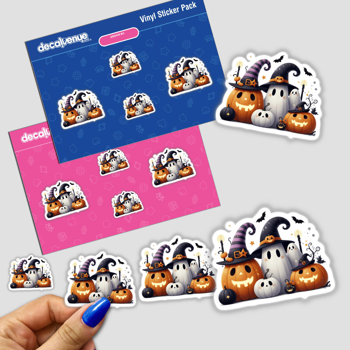 Spooky Halloween Friends stickers feature pumpkins with hats, bats, and ghosts, perfect for Halloween-themed decorations. Available in physical stickers or as digital artwork.