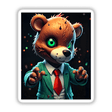 Cartoon character, A Macabre Scary Bear, in a suit and tie, available as stickers or digital artwork, featuring a distinct black nose and green eyes.