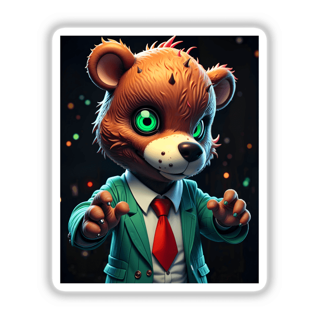 Cartoon character, A Macabre Scary Bear, in a suit and tie, available as stickers or digital artwork, featuring a distinct black nose and green eyes.