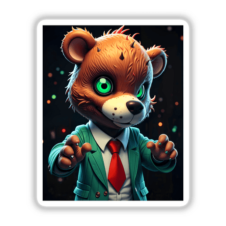 Cartoon character, A Macabre Scary Bear, in a suit and tie, available as stickers or digital artwork, featuring a distinct black nose and green eyes.