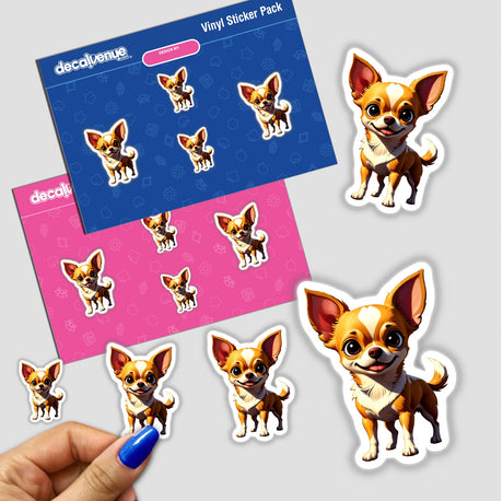 Cute Chihuahua sticker pack featuring cartoon dogs with big ears, available as vinyl decals or digital artwork. Ideal for adding whimsical charm to personal belongings.