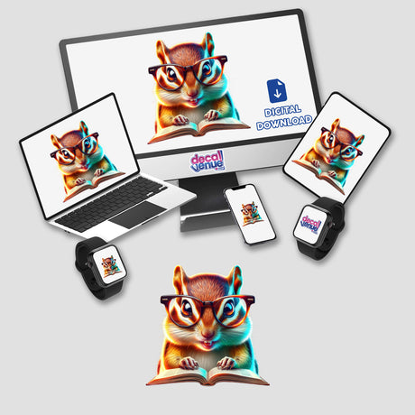 Chipmunk With Reading Glasses Open Book displayed on a computer monitor and laptop, showcasing a cartoon chipmunk deeply engaged in a book, available as stickers or digital artwork.
