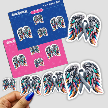 Grey Awareness Ribbon with Wings sticker, featuring a grey ribbon adorned with colorful wings, available as a vinyl sticker or digital artwork from Decal Venue.