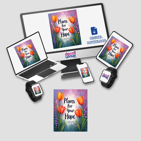 Fauvist Spring Snapdragon “Plans For Your Hope” Jeremiah 29:11 Sticker or Clipart, featuring floral motifs on a laptop and monitor, available as a unique decal or digital art.