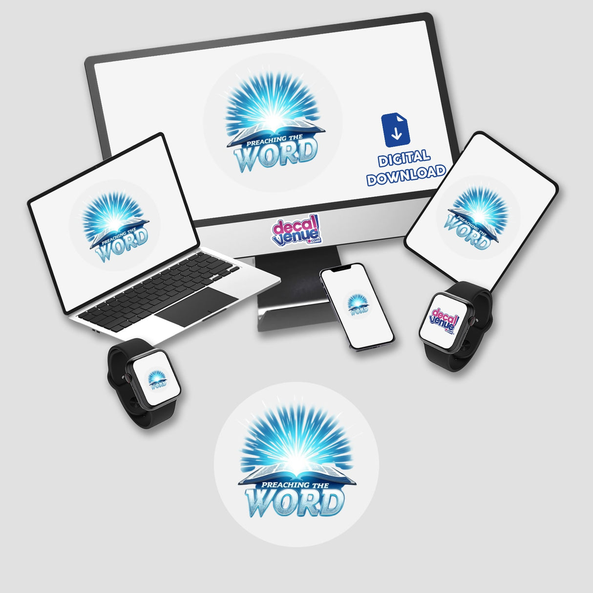 Preaching the Word” Pastor Appreciation Sticker or Clipart shows a computer setup with device screens, highlighting the sticker's potential digital application as a Christian-themed artwork for October 13th.