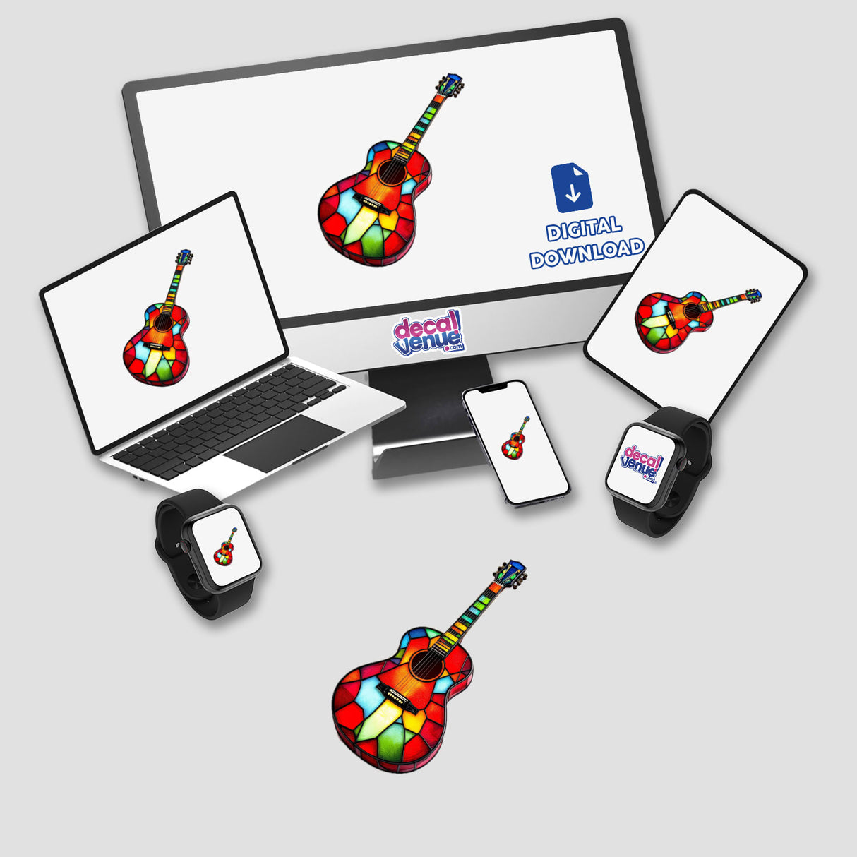 Guitar Stained Glass Style design displayed on various screens, showcasing its availability as stickers or digital artwork. The intricate pattern highlights Decal Venue's unique art offerings.