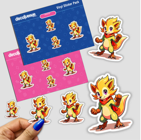 Sticker pack featuring Furry Fighter - Happy Haze The Hedgehog with cartoon animals, some wearing scarves, displayed on a surface. Ideal for fans of unique vinyl stickers and digital art.