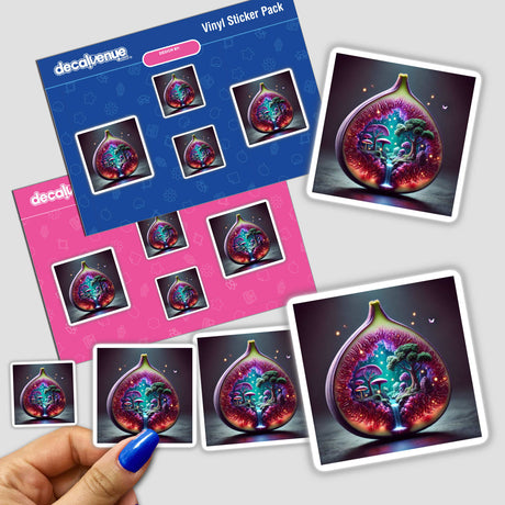 Enchanted Forest Magical Woodland Inside a Fig sticker showing a fig with intricate cutouts of a waterfall and trees, held by a hand.