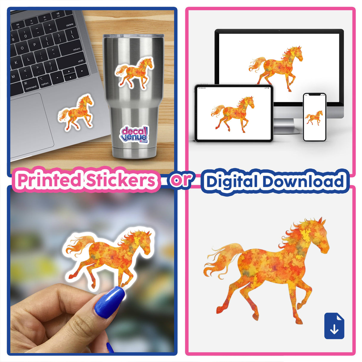 Galloping Horse Clipart | Fall Leaves Thanksgiving Aesthetic | Stickers or Commercial Rights Download: Collage featuring a horse with orange leaves on various items like laptops, cups, and phones.