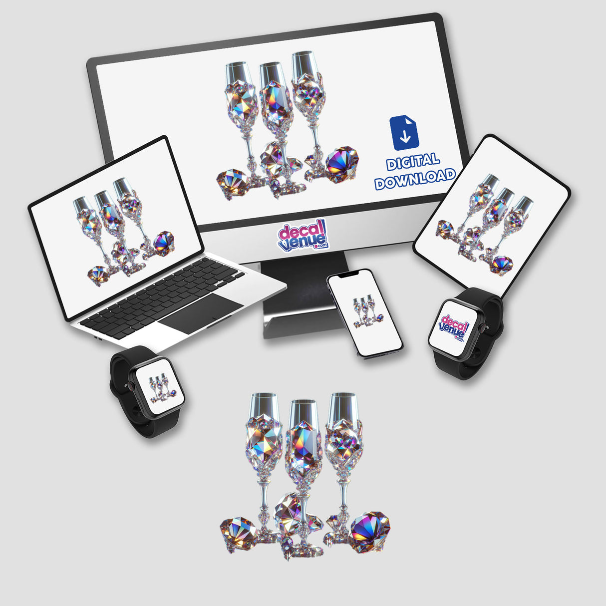 Gemstone Champagne Glasses featured on a computer monitor and laptop screen, available as stickers or digital artwork, showcasing elegant glass designs in a tech-themed presentation at Decal Venue.