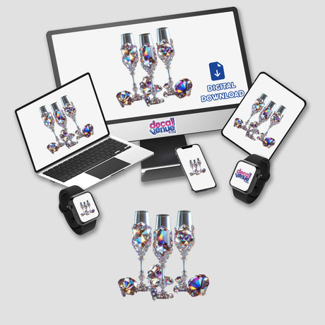 Gemstone Champagne Glasses featured on a computer monitor and laptop screen, available as stickers or digital artwork, showcasing elegant glass designs in a tech-themed presentation at Decal Venue.