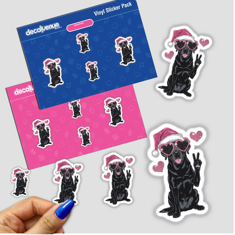 Christmas Santa Pink Labrador Dog in Lights sticker featuring a black dog wearing a Santa hat and pink heart-shaped sunglasses, available as stickers or digital artwork from Decal Venue.
