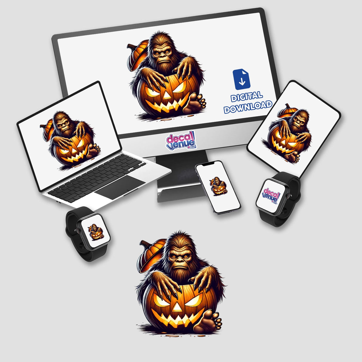 Sasquatch peering from carved pumpkin, digital Halloween artwork, available as stickers and downloads on Decal Venue online store.