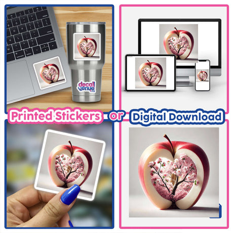 Collage featuring Enchanted Orchard Cherry Blossom Tree Inside an Apple, showcasing intricate artwork with a tree inside an apple. Available as stickers or digital artwork.