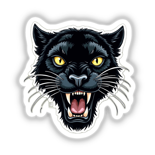 E aí Pantera: Illustration of a black panther with striking yellow eyes, available as stickers or digital artwork.