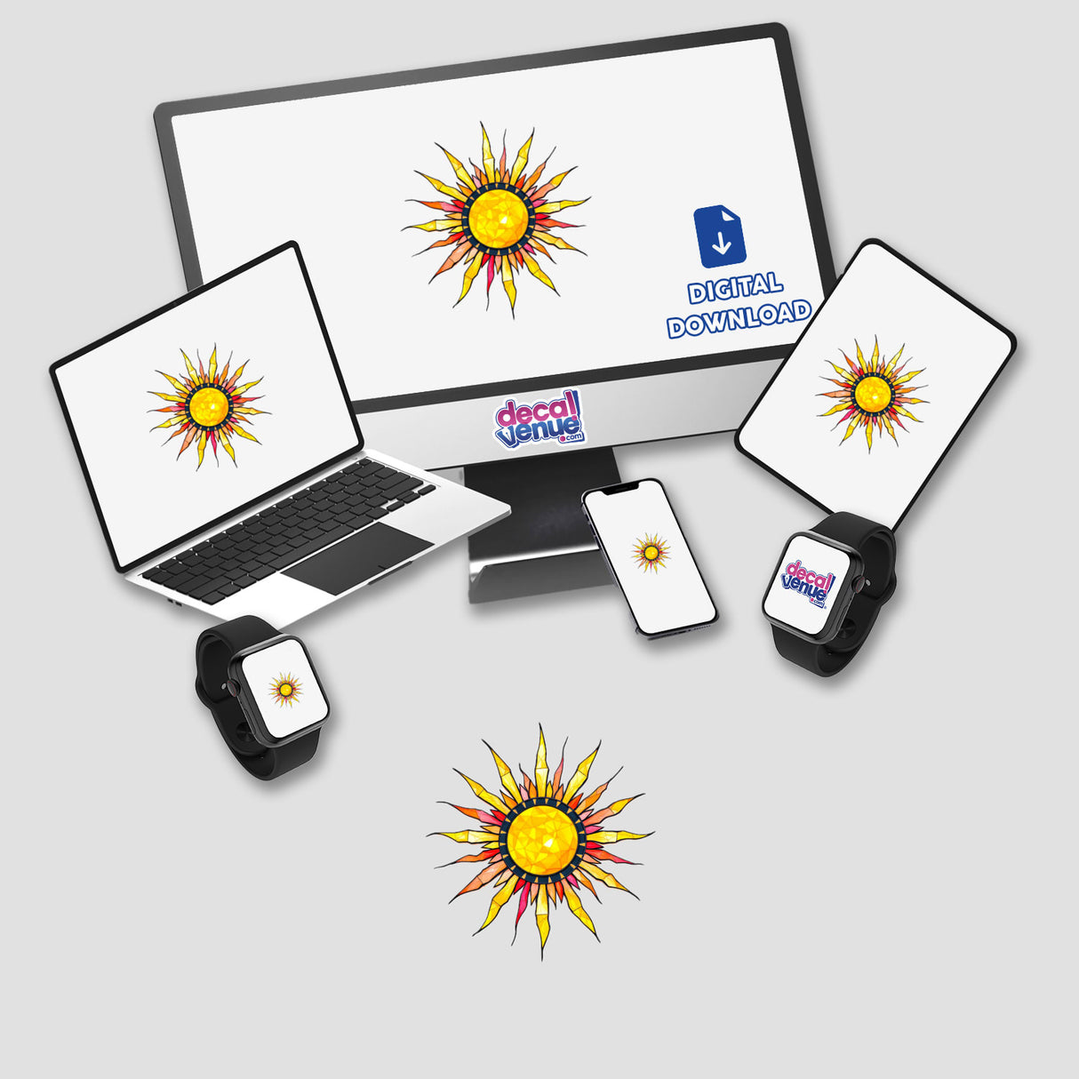 Sun Stained Glass Style design displayed on a laptop and phone screen, showcasing vibrant sun imagery. Available as stickers or digital artwork, emphasizing unique digital art from Decal Venue.