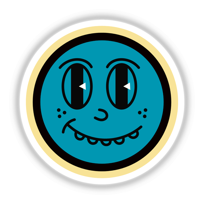 Smiley Nerd Face sticker featuring a cartoonish blue face with black eyes and a white border, available as unique stickers or digital artwork from Decal Venue.