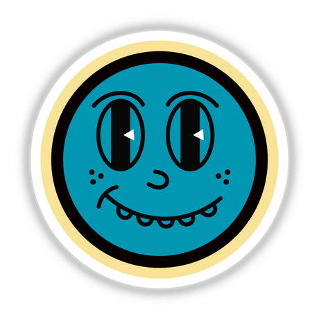 Smiley Nerd Face sticker featuring a cartoonish blue face with black eyes and a white border, available as unique stickers or digital artwork from Decal Venue.