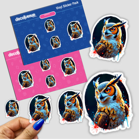 Hand holding a A Cool Hybrid Hawk Owl sticker, featuring a cartoon owl design, available as a unique vinyl sticker or digital artwork from Decal Venue.