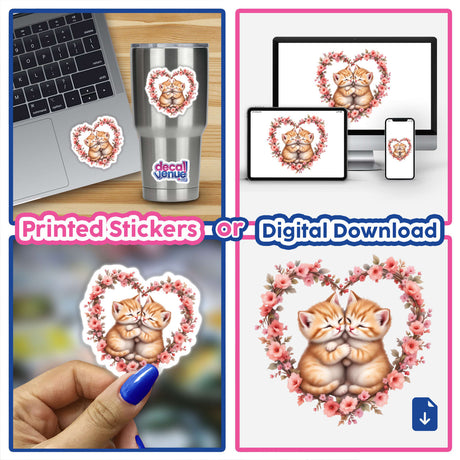 Snuggling Kittens on a Heart Wreath: A charming vinyl sticker or digital art featuring two kittens cuddled in a heart-shaped wreath, perfect for adding warmth and whimsy to your decor.