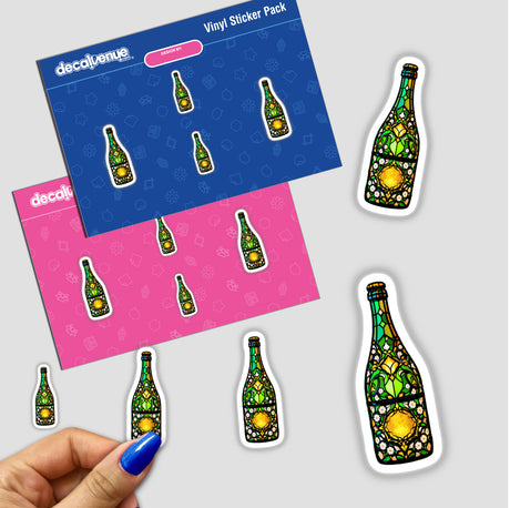 Hand holding a sticker pack featuring a Champagne Bottle Stained Glass Style design, showcasing colorful, intricate floral patterns, available as stickers or digital artwork from Decal Venue.