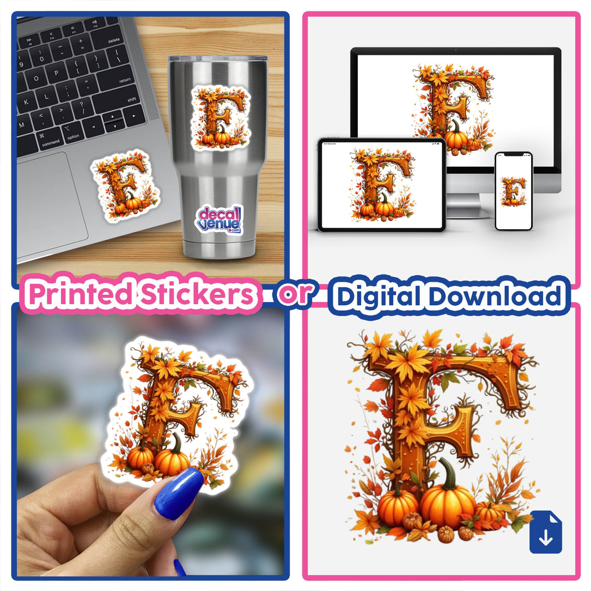 Collage displaying the Fall Aesthetic Letter F Clipart | Stickers or Download with Commercial Rights, featuring letters, numbers, a laptop with an F sticker, and decorative pumpkins and leaves.