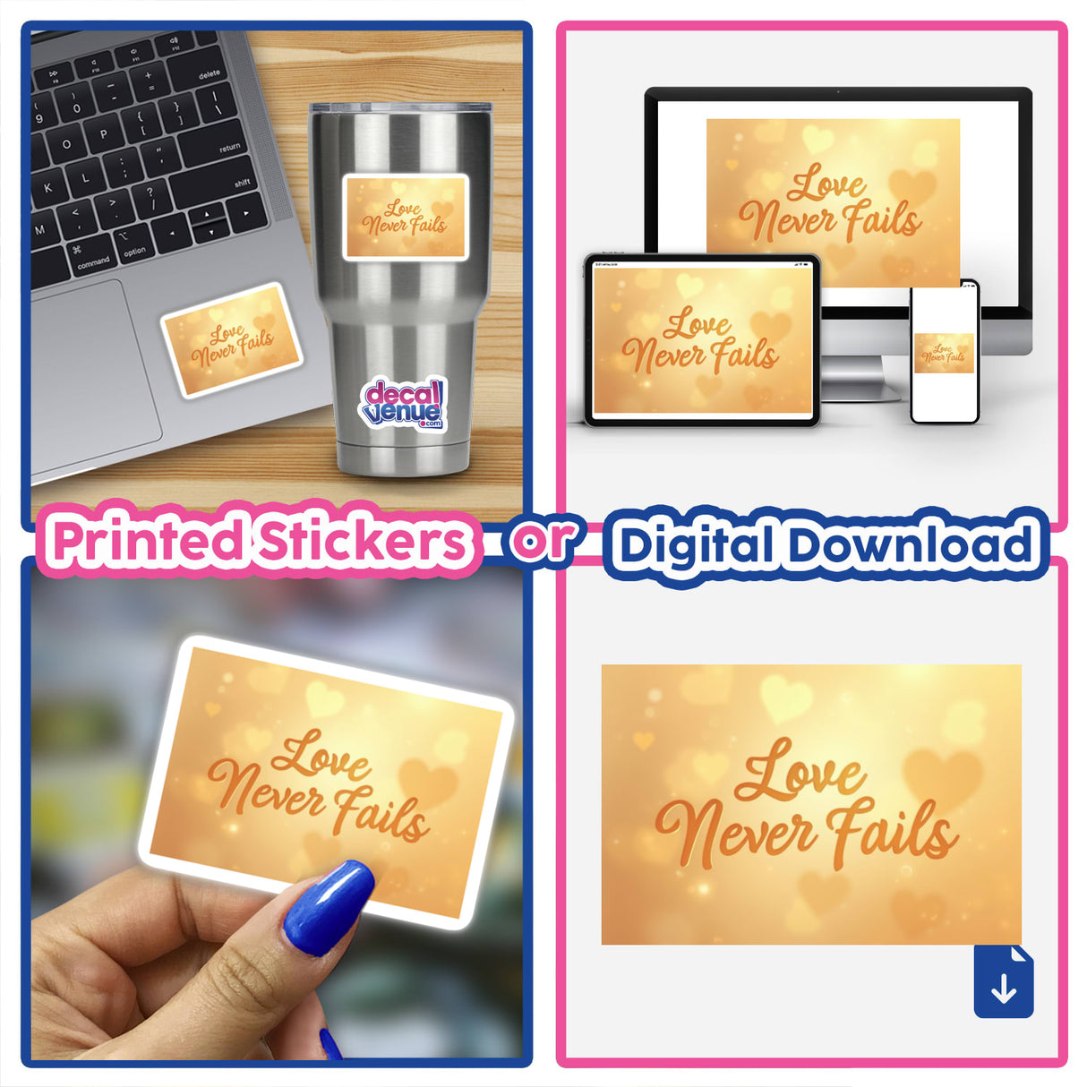 Collage of laptops showcasing the Love Never Fails Sticker & Clipart | 1 Corinthians 13:8 | Christian Quote | Bible Verse product, highlighting its application on devices.