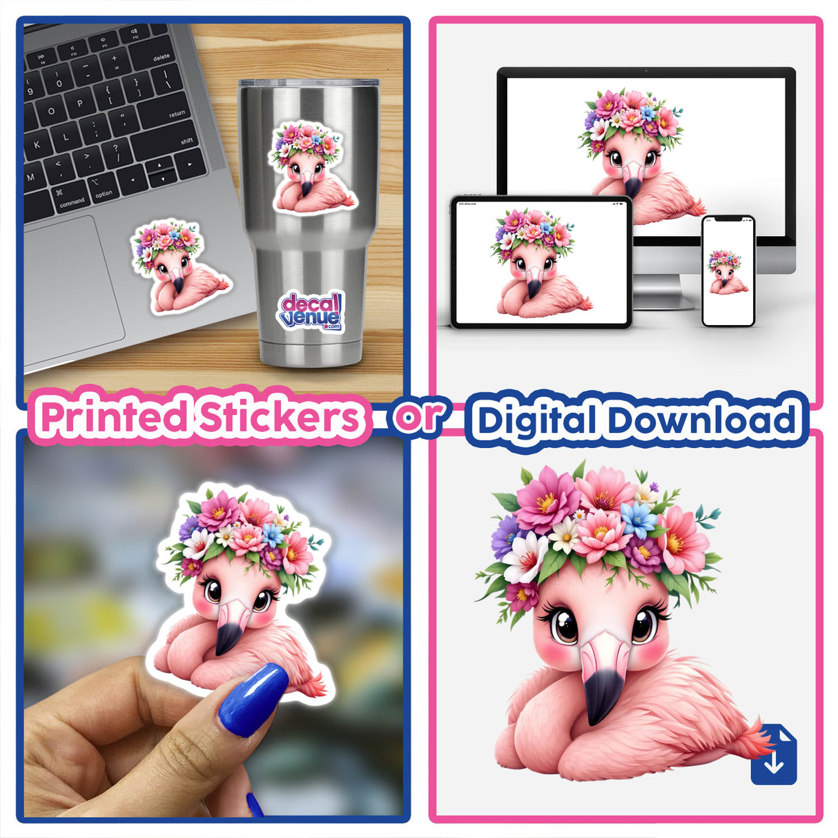 Collage featuring Adorable Flamingo with a Flower Crown stickers and digital artwork, showcasing whimsical designs perfect for enhancing decor with a playful touch.