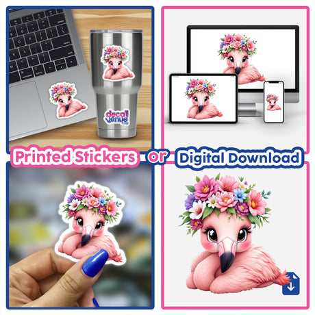 Collage featuring Adorable Flamingo with a Flower Crown stickers and digital artwork, showcasing whimsical designs perfect for enhancing decor with a playful touch.
