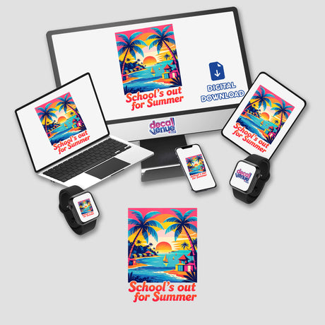School's Out For Summer Quote displayed on a computer monitor and laptop, surrounded by gadgets, available as vinyl stickers or digital artwork from Decal Venue.