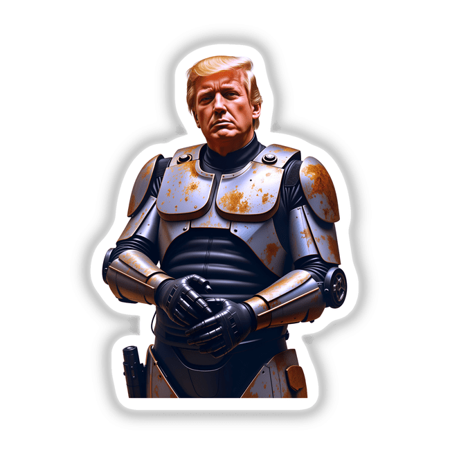 Futuristic President Donald Trump depicted as a heroic, armored figure with blonde hair, featured in unique vinyl stickers or digital artwork. The illustration includes robotic elements and close-up details.