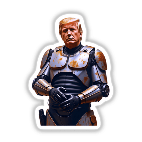 Futuristic President Donald Trump depicted as a heroic, armored figure with blonde hair, featured in unique vinyl stickers or digital artwork. The illustration includes robotic elements and close-up details.