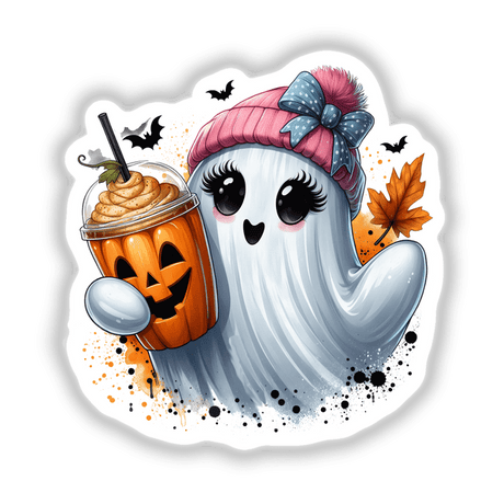 Cute Pink Beanie Pumpkin Spice Ghost, a cartoon ghost holding a drink, available as stickers or digital artwork from Decal Venue.