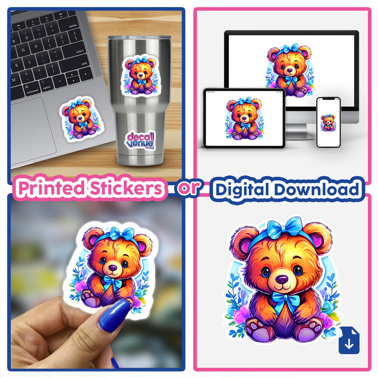 Baby bear sticker collage: a laptop with a Baby bear sticker, a hand holding a Baby bear sticker, and a cup adorned with a Baby bear sticker. Ideal for unique decor.