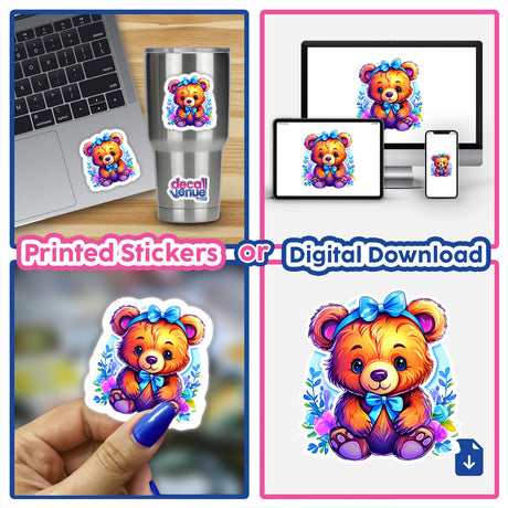 Baby bear sticker collage: a laptop with a Baby bear sticker, a hand holding a Baby bear sticker, and a cup adorned with a Baby bear sticker. Ideal for unique decor.