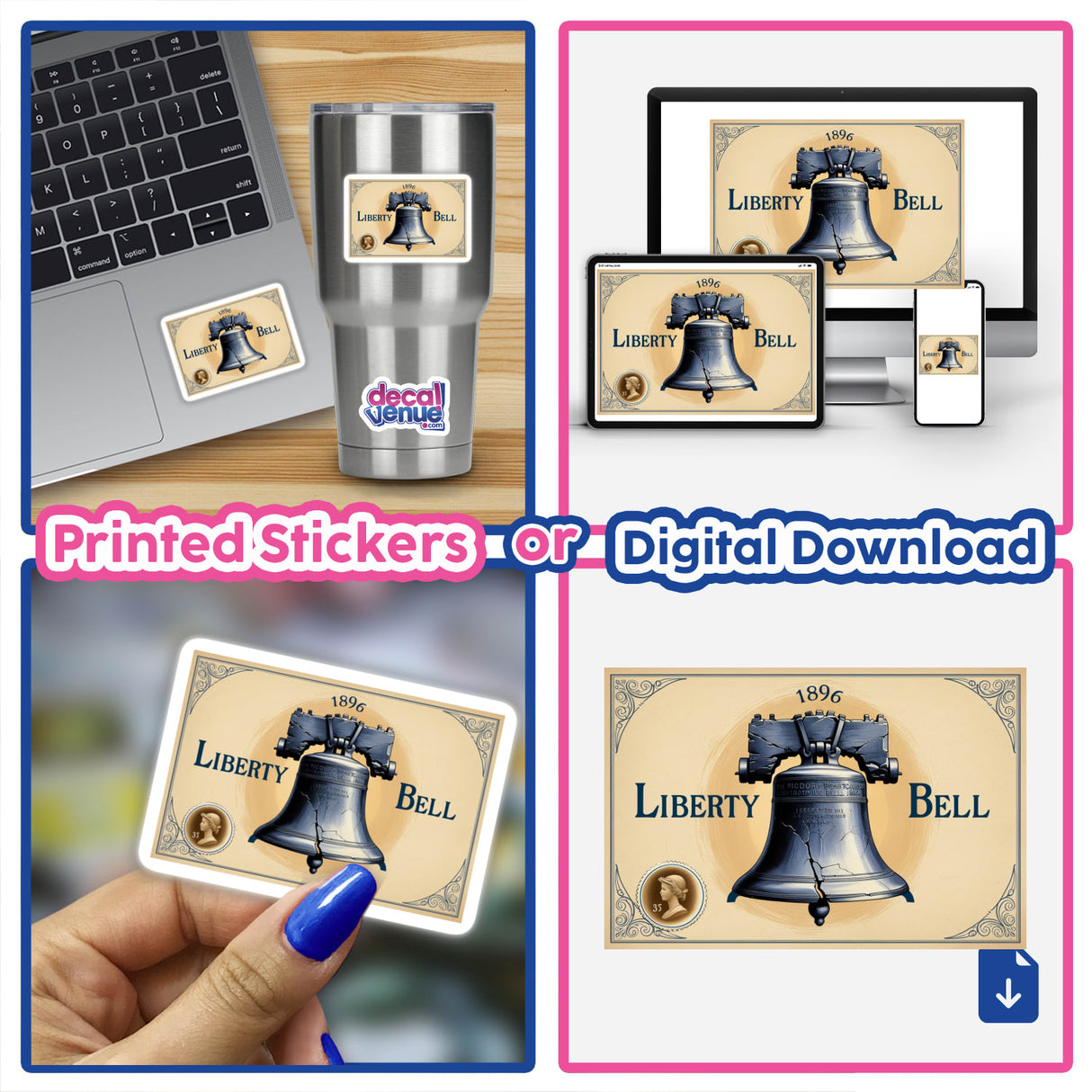 Collage featuring a laptop with a Vintage Liberty Bell Postcard Clipart sticker and a hand holding a card, highlighting downloadable stickers with commercial rights from Decal Venue.