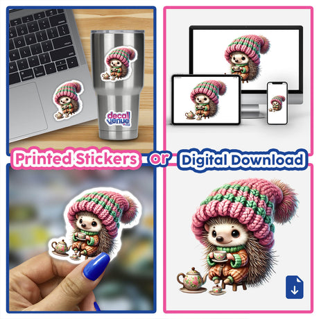 Hedgehog Gnome Drinking Tea stickers or digital artwork features a cartoon hedgehog in a knitted hat holding a teapot and teacup.